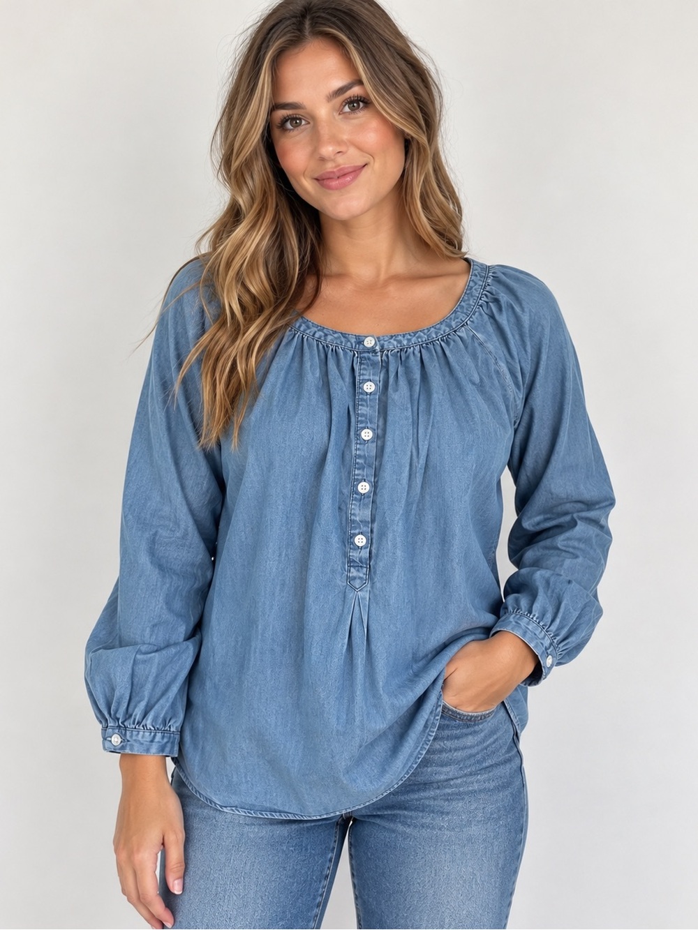 Faded Glory Women's XL Chambray Denim Blue Peasant Blouse Boho Long Sleeve